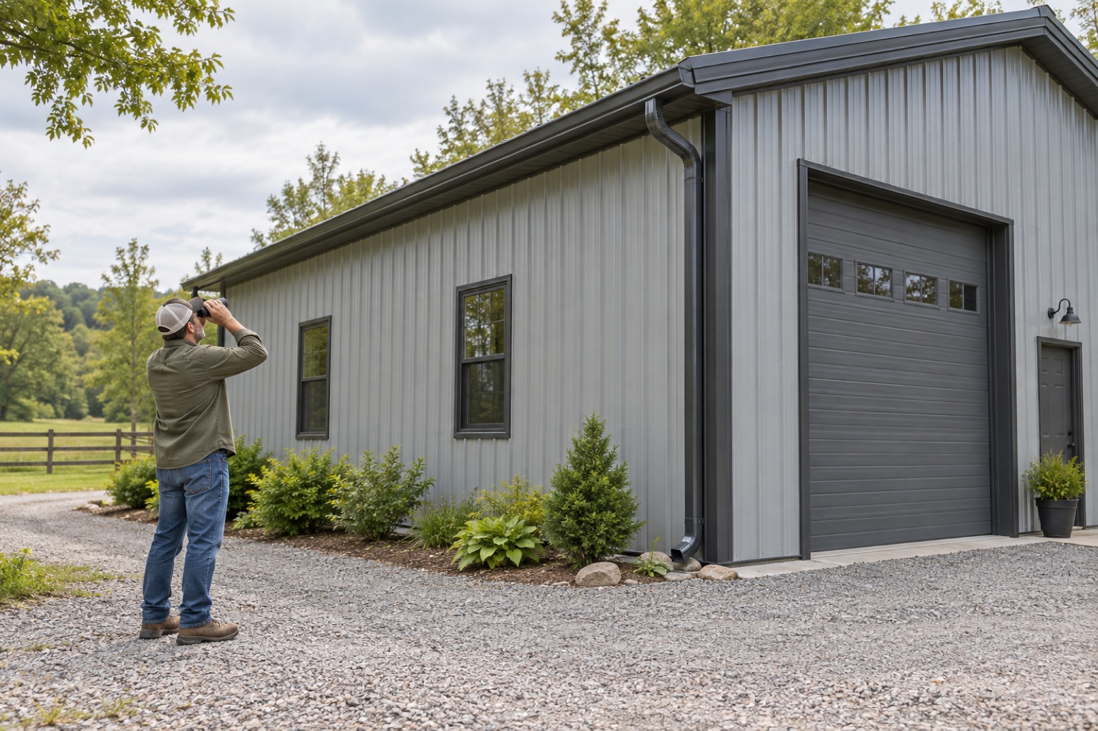 Illustrative homeowner checking a metal garage exterior from ground level with binoculars
